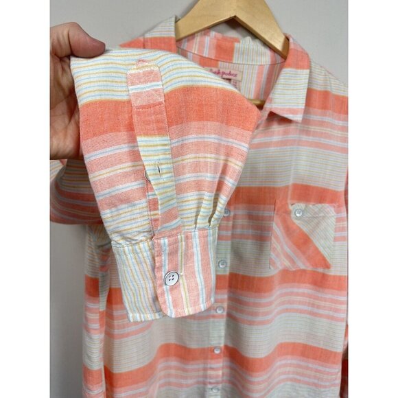 Fresh Produce Womens L White Blouse Button Down Long Sleeve Orange Striped Beach - Picture 5 of 10
